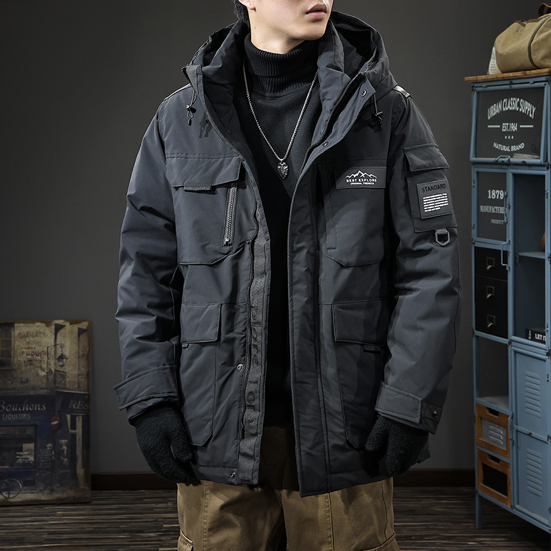 美式中长款连帽男士羽绒服 防风保暖加厚90%鸭绒中长款外套