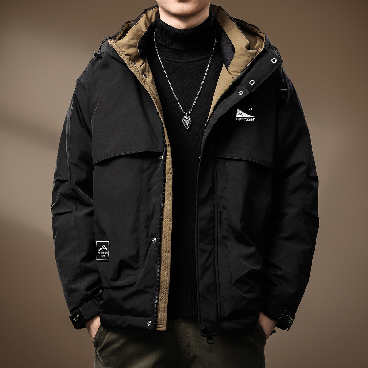 高端新国标90灰鸭绒撞色户外羽绒服男秋冬连帽宽松大码保暖外套潮