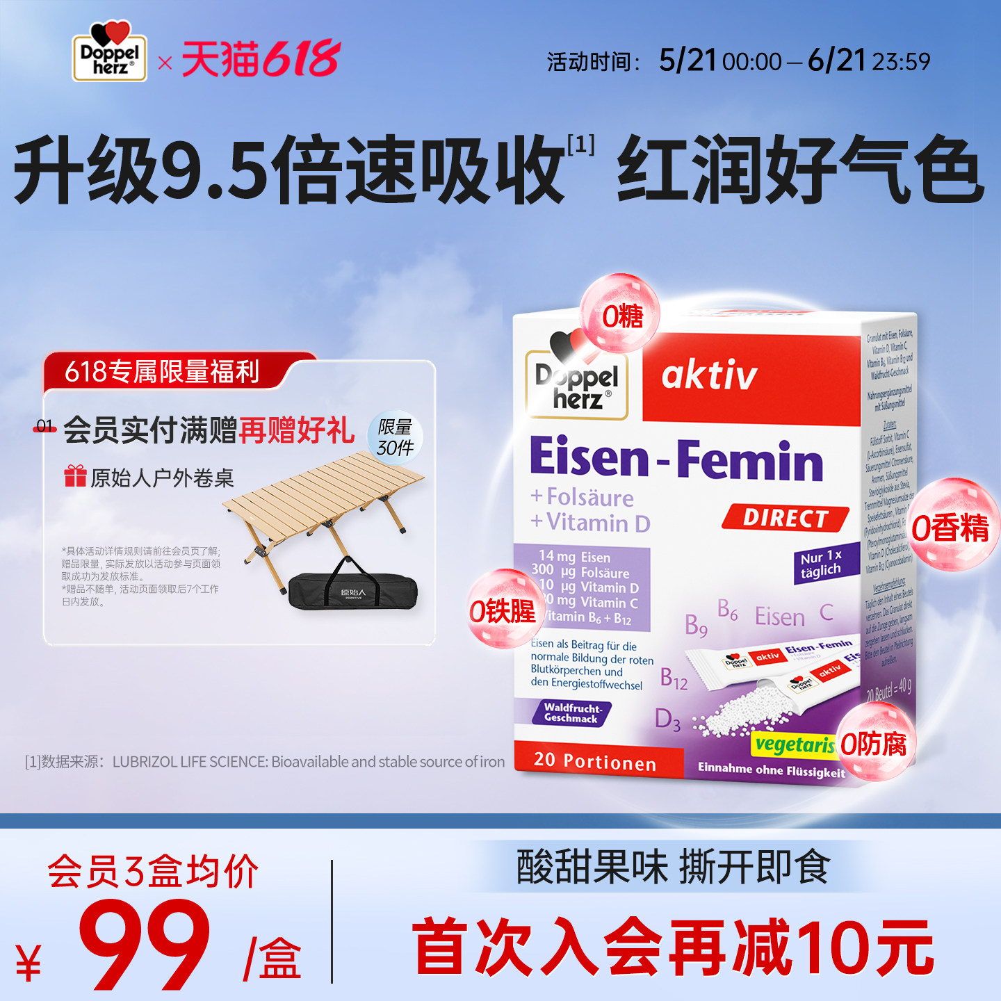 德国双心小红条补铁粉剂微囊铁孕妇补血贫血女性成人直服育血铁剂