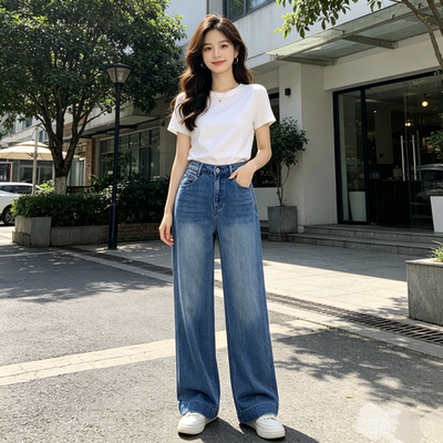 ms莱赛尔薄款直筒阔腿裤26新夏款原单宽松柔软高腰长裤女士牛仔裤