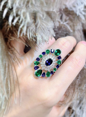 孔雀绿小众设计长形宽版戒指