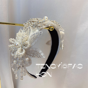 法式新娘头饰重工多层珍珠流苏蕾丝花朵发箍高级感夸张名媛发饰女