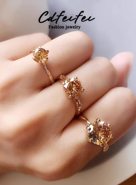 简约六爪2克拉香槟色黄钻戒指