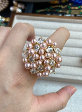 粉色锆石珍珠戒指时尚轻奢开口戒