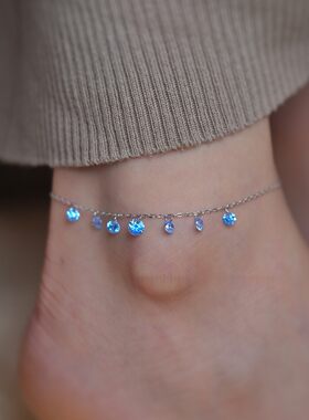 S925纯银镀白金脚链女海蓝锆石饰品流苏甜美日韩个性日常