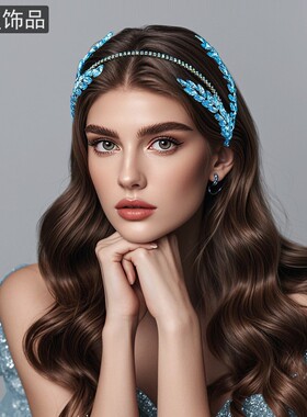 古希腊人鱼公主复古渐变色蓝色水晶花朵串珠编织头箍发箍气质发卡