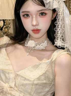 纯欲风白色蕾丝花朵流苏项链复古宫廷风珍珠颈带甜美洛丽塔锁骨链