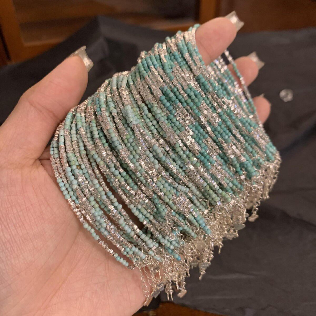 叠戴绿松石中式碎银子手链 通体925银可调手围女手串个性简约百搭