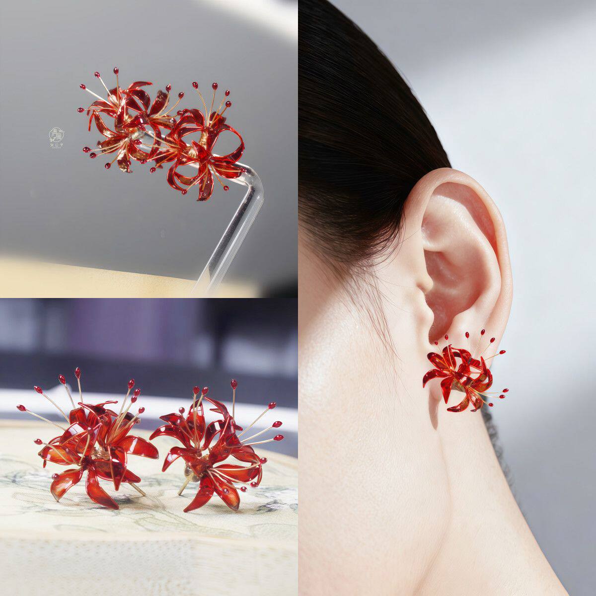 本命巨好看立体花瓣耳环喜庆红色彼岸花朵耳钉女手工戒指新中式