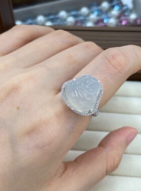 白玉髓高冰蛋面佛公镶钻活口戒