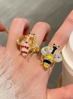 西班牙小众设计黑色水晶蜜蜂戒指轻奢高级感复古珐琅滴油精致指环