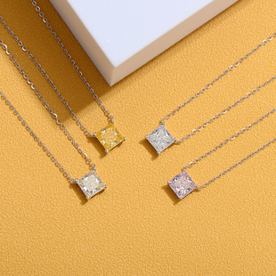 925纯银公主方黄钻方钻项链粉色简约仿真钻石冰花切时尚锁骨链女