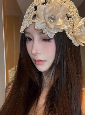 韩系小众复古文艺珍珠花朵套头帽女手工针织镂空百搭钩花包头帽子
