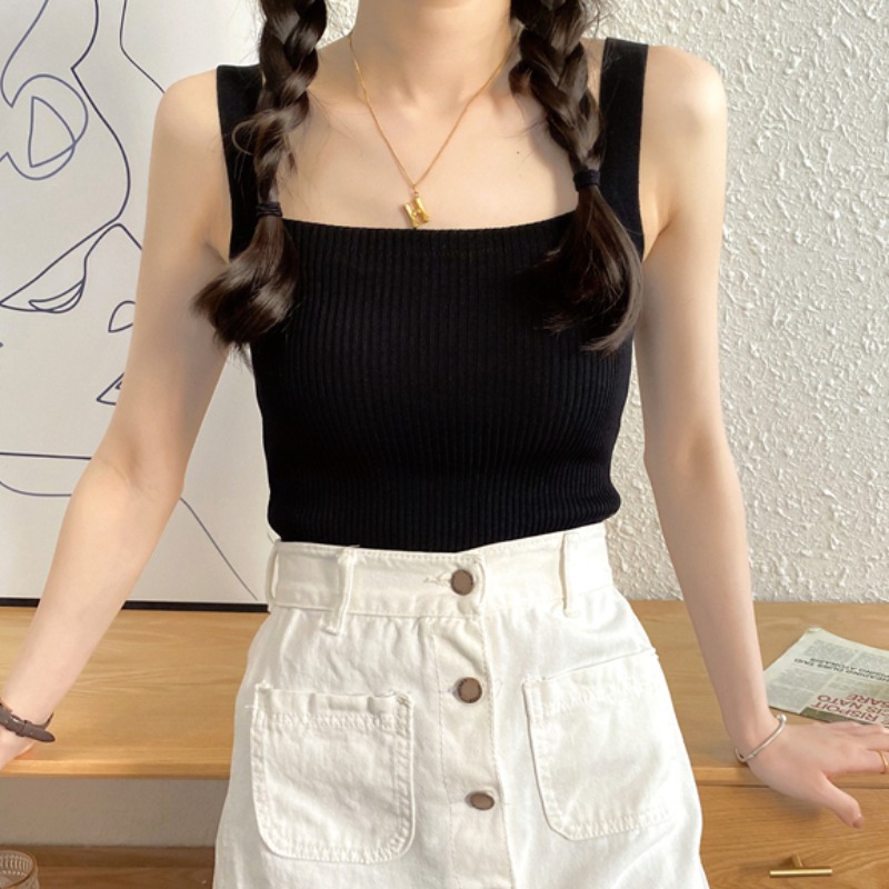 ins风简约纯色针织背心大码女装胖妹妹夏季韩版宽松打底吊带上衣