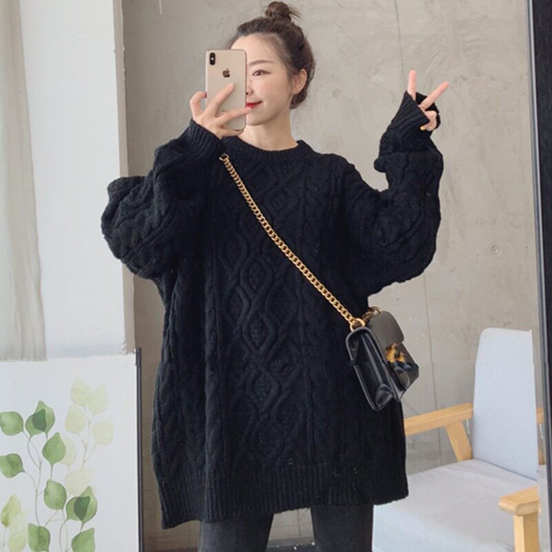 中长款韩版chic风网红纯色麻花针织衫胖妹妹大码秋冬宽松套头毛衣