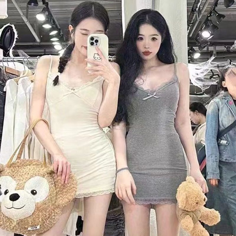 夏季ins风法式纯欲蝴蝶结蕾丝拼接吊带背心短裙大码胖妹妹连衣裙