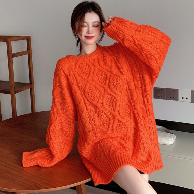 中长款ins风麻花针织衫大码女装胖妹妹秋冬学生百搭宽松套头毛衣