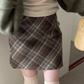 胖妹妹洋气复古百搭学生撞色菱格半身裙大码 毛呢A字短裙 女装 修身