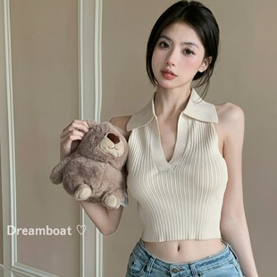 设计感独特别致坑条短款针织背心胖妹妹夏季大码女装修身无袖上衣