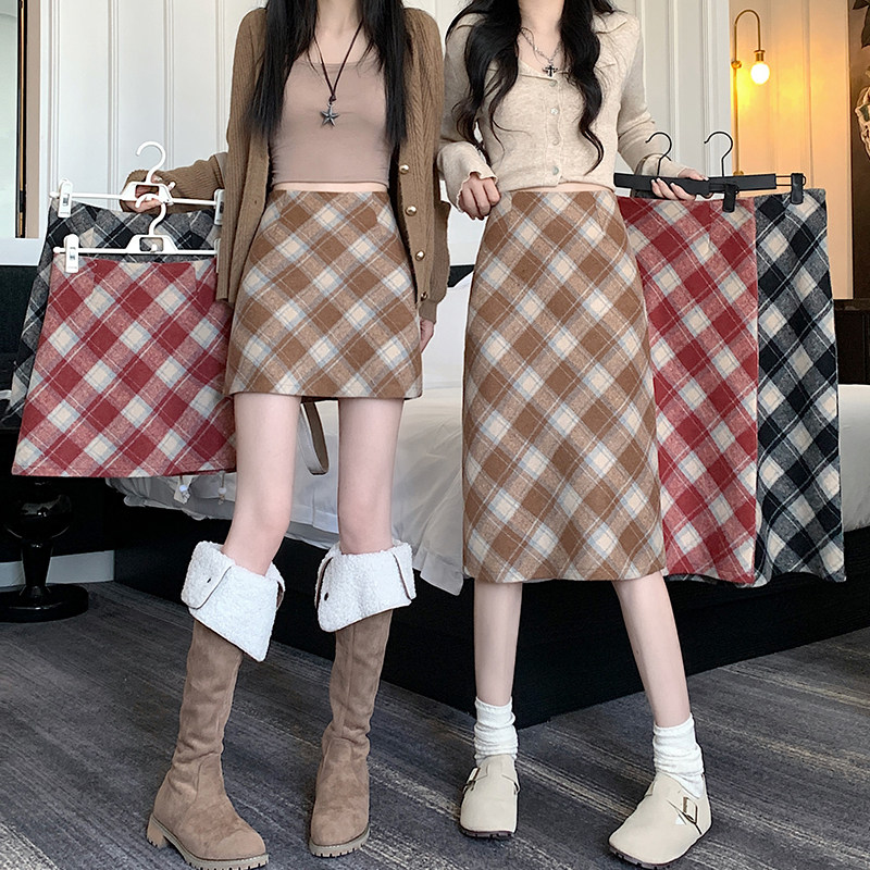 大码女装开叉格子半身裙2025秋冬新款高腰显瘦直筒百搭显瘦中长裙