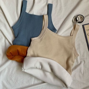 胖MM韩版女装纯色百搭加绒保暖吊带背心大码秋冬宽松学生针织上衣