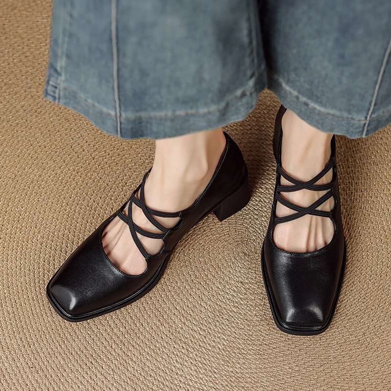 真皮版～法式复古交叉带玛丽珍鞋女粗跟方头通勤工作高跟鞋单鞋,女鞋,玛丽珍鞋,淘宝优惠券,粉丝福利购,淘宝优惠卷