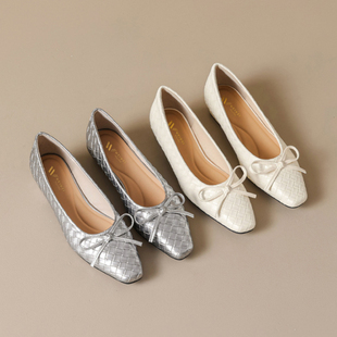 女 2026春方头小香风蝴蝶结浅口单鞋 增高2cm羊皮法式 复古格子单鞋