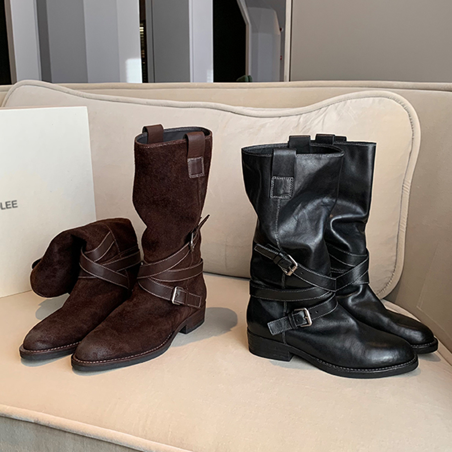 复古皮带扣机车骑士靴高筒马丁靴