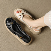 真皮版 女小个子厚底增高罗马风凉鞋 法式 草编坡跟山茶花鱼嘴凉鞋