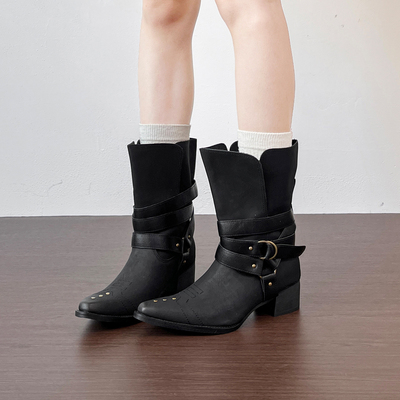 真皮版~复古西部牛仔靴钉骑靴