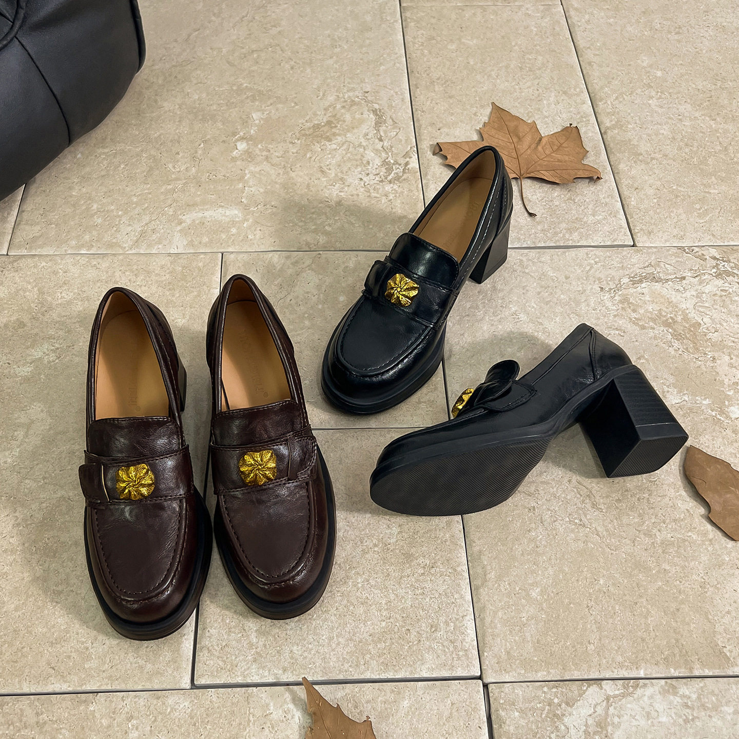 真皮版～复古山茶花扣圆头一脚蹬粗跟高跟鞋女英伦风小皮鞋JK单鞋,女鞋,乐福鞋（豆豆鞋）,淘宝优惠券,粉丝福利购,淘宝优惠卷