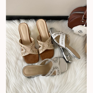 女夏朋克风编织一字带异形跟高跟鞋 增高7cm法式 方头露趾坡跟凉鞋