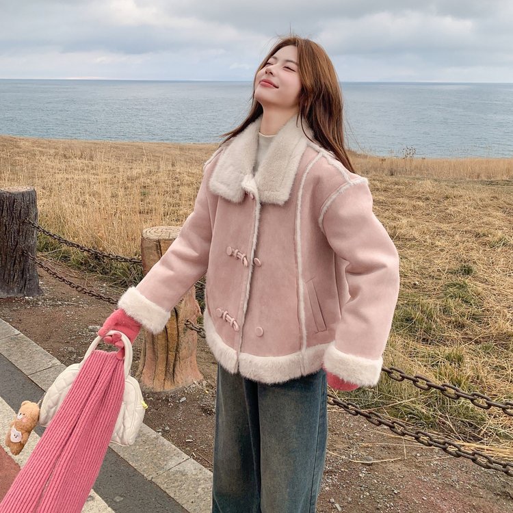 2025新款鹿皮绒皮毛一体机车服短外套女冬加绒加厚羊羔毛棉衣外套