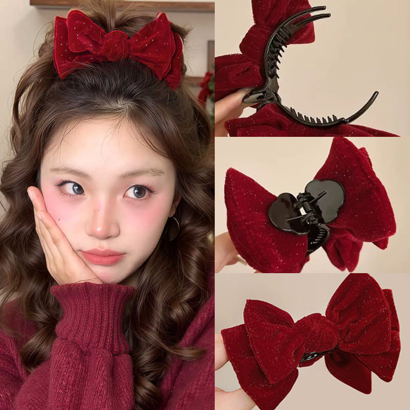 新年红色蝴蝶结丸子头抓夹女高级感2025新款丝绒发夹后脑勺夹子