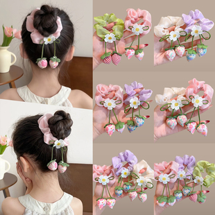 儿童可爱草莓大肠发圈女童丸子头头绳小女孩甜美飘带发绳头花发饰