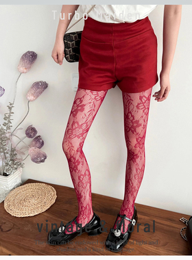性感红色蕾丝渔网连裤袜女夏季花朵甜酷辣妹镂空美腿遮瑕打底袜