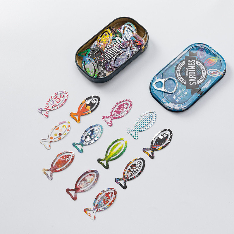 英国IF沙丁鱼罐头书签50枚铁盒装纸质童趣少儿学生礼物文创