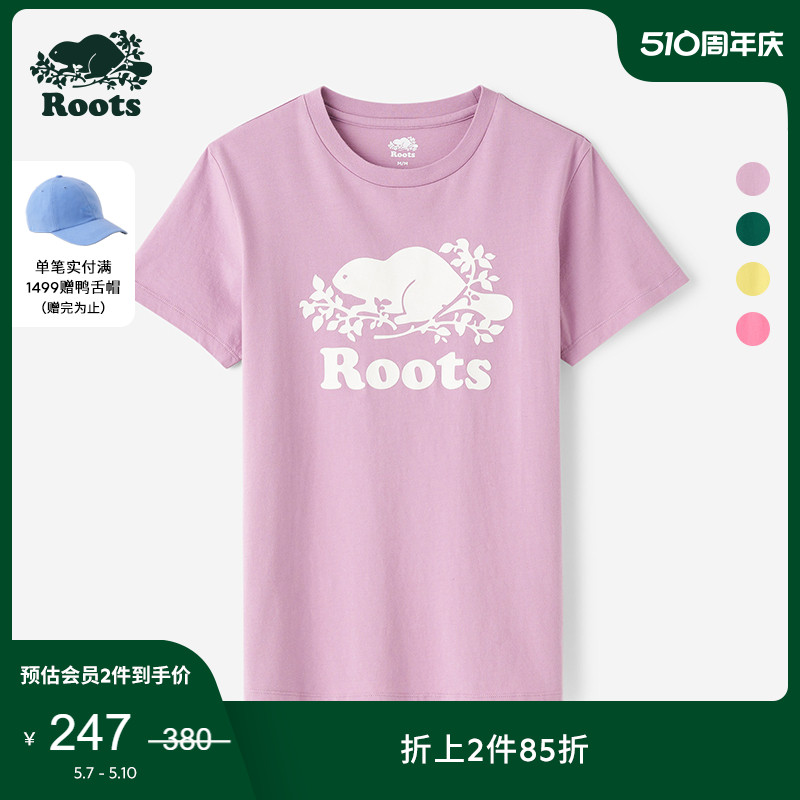 Roots美式经典女士2024春季新款海狸短袖圆领宽松棉质T恤38031044