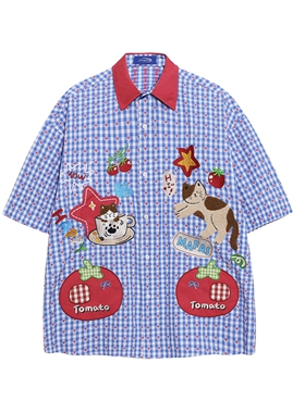 MoCreation美式卡通风猫咪刺绣格子短袖衬衫男女宽松复古情侣衬衣