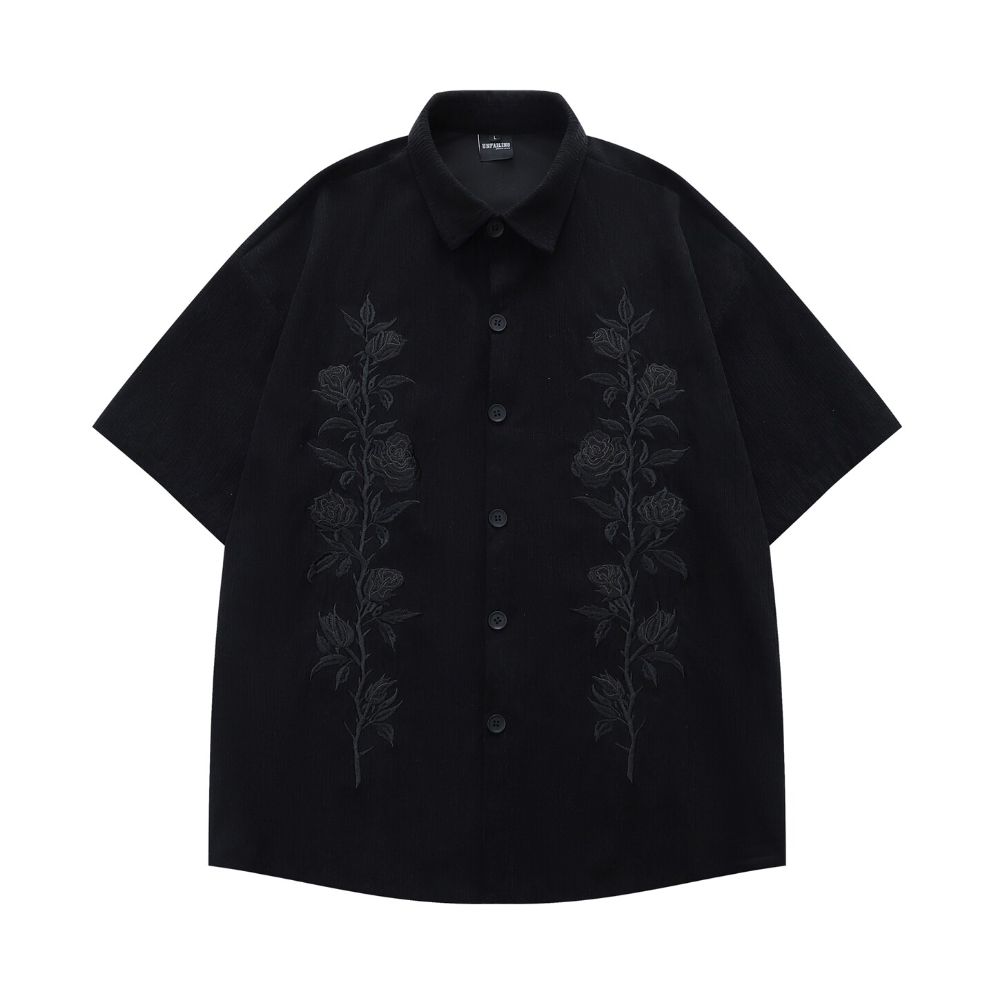 MoCreation 美式复古风花卉刺绣短袖衬衫男女宽松灯芯绒黑色衬衣