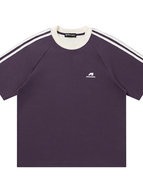 MoCreation 美式复古运动撞色条纹短袖T恤男女宽松插肩袖上衣tee