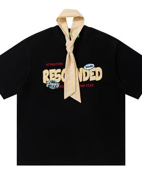 MoCreation 美式字母印花短袖T恤男女黑色宽松学院风领带半袖上衣