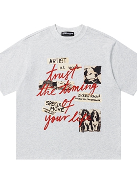 MoCreation 美式街头风字母印花短袖T恤男女宽松情侣休闲灰色上衣