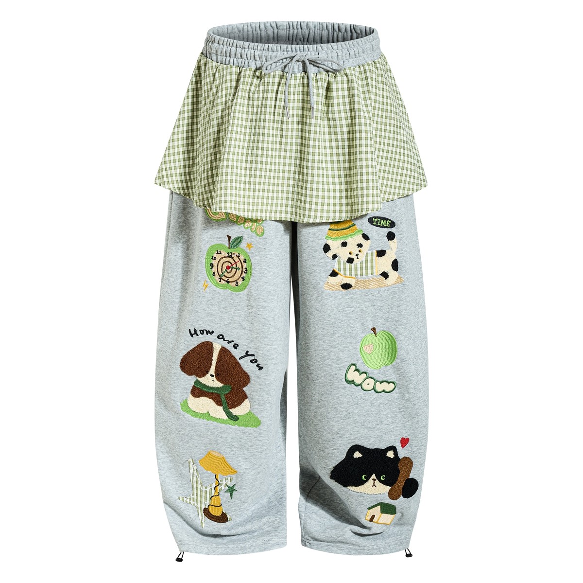 MoCreation美式卡通风童趣刺绣直筒裤宽松休闲灰色长裤学院风卫裤