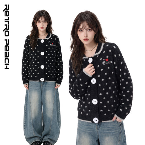 韩系波点宽松显瘦毛衣开衫女