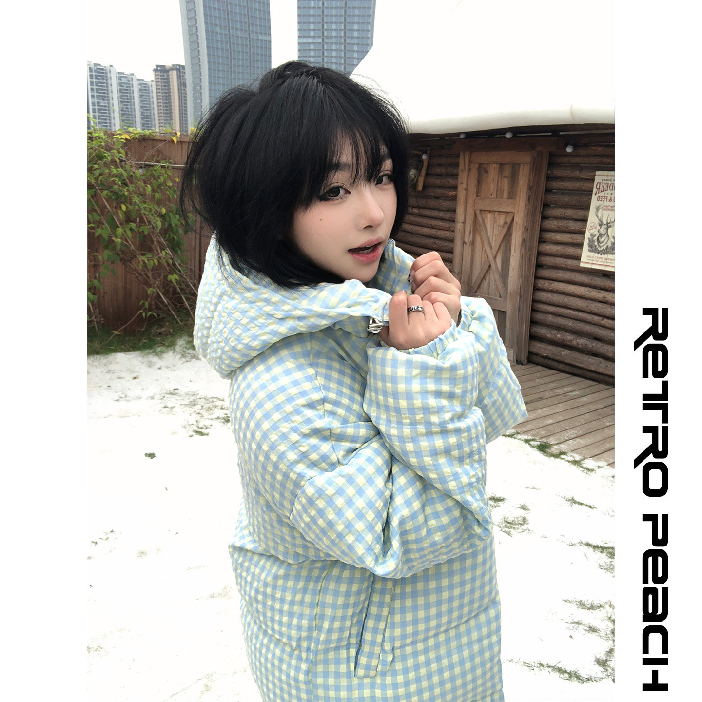 莓素甜美少女风格子连帽棉服宽松小个子女冬季加厚保暖面包服外套