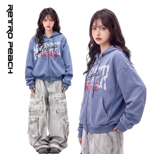 美式复古字母连帽开衫卫衣女