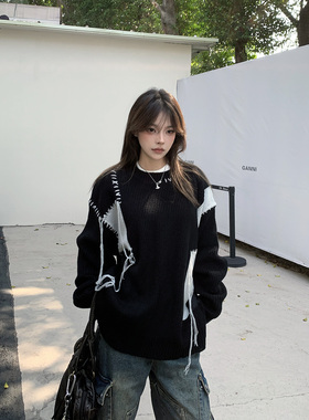 莓素美式复古休闲风宽松黑色毛衣女圆领套头破洞针织衫加厚秋冬款