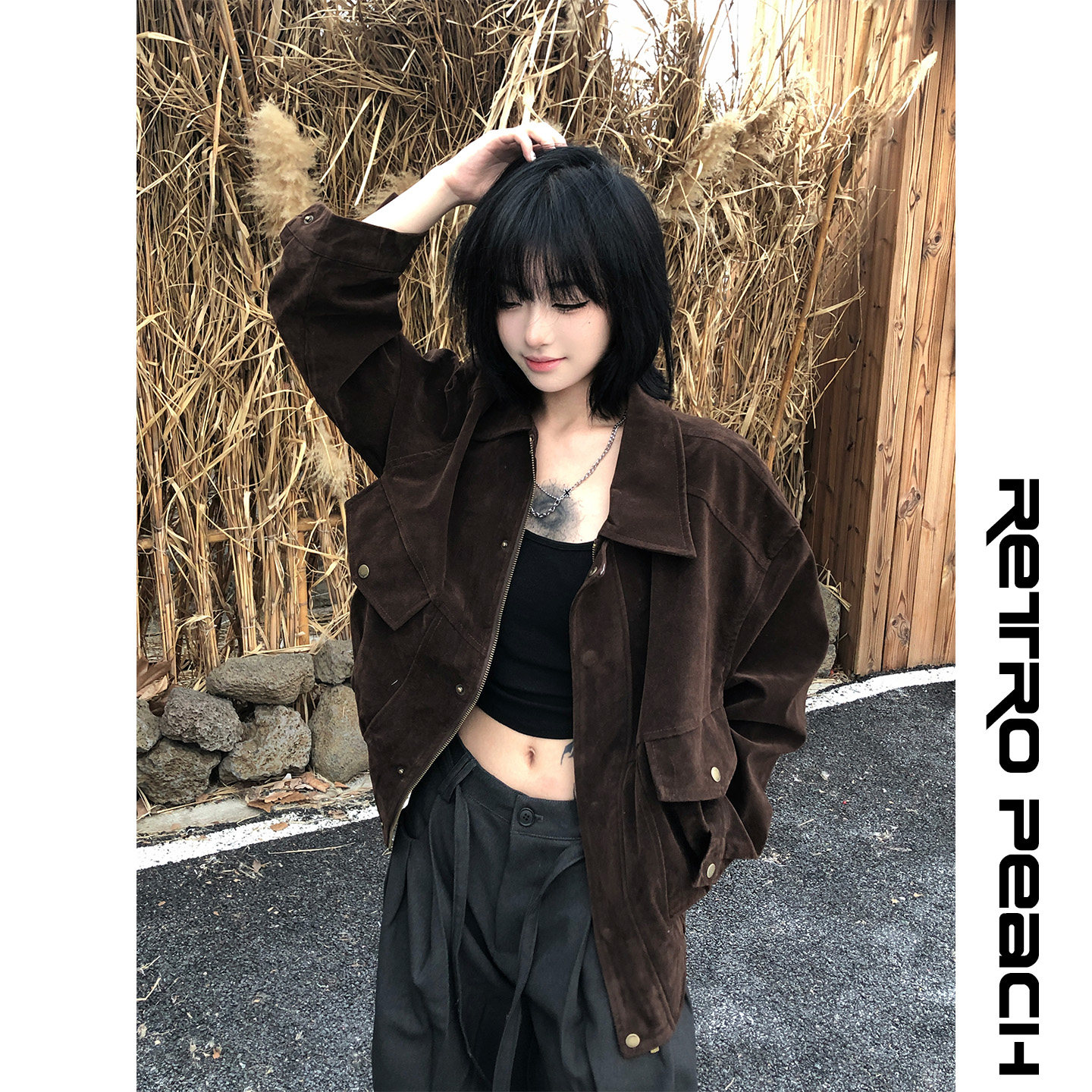 莓素美式复古麂皮绒高级感短外套