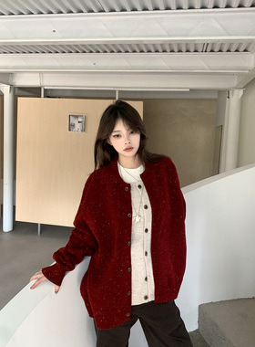 莓素慵懒风假两件宽松型红色针织开衫女宽松纽扣毛衣外套百搭上衣